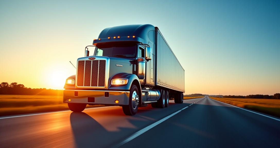 Modern semi-truck on a highway at dusk under dramatic sky