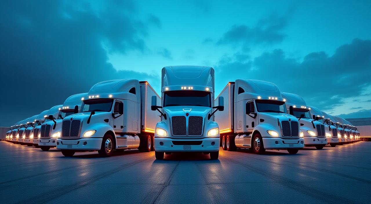 Fleet of modern logistics trucks parked in a professional row
